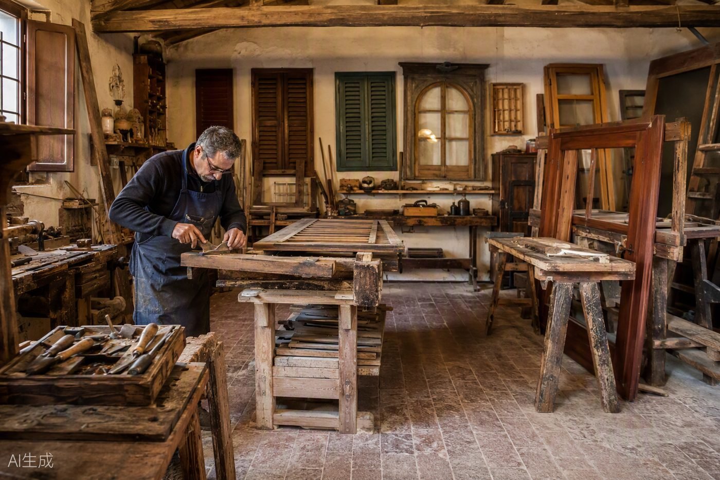 Il laboratorio di falegnameria di Restauro Persiane Mantova: persiane in lavorazione